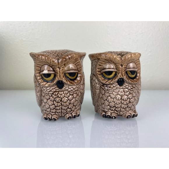 Vintage Sleepy Owl Double Sided Ceramic Salt & Pepper Shakers Large w/ Stoppers - Picture 6 of 12